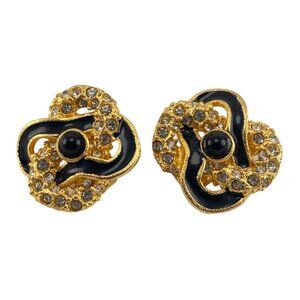 Roxanne Assoulin 1980s Designer Vintage Clip-On Earrings Gold Black Enamel Rhine